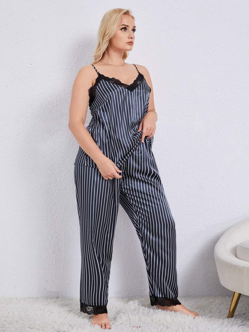 Plus Size Vertical Stripe Lace Pajama Set