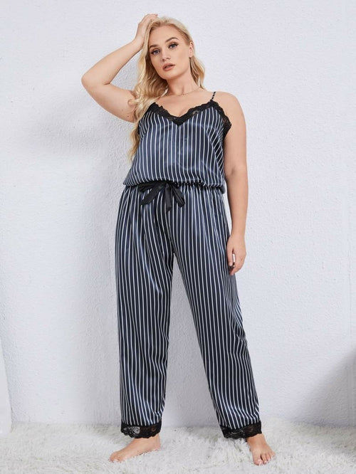 Plus Size Vertical Stripe Lace Pajama Set