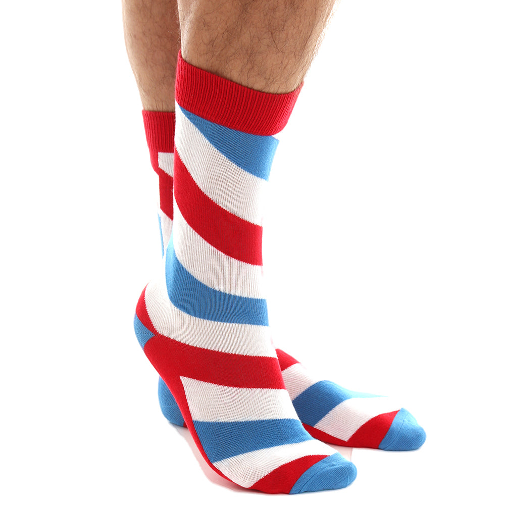 White Blue Red Stripe Mens Colorful Crew Socks - Premium Cotton Fun