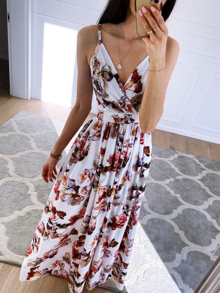 Deep V-Neck Floral Beach Dress - yourunderwear