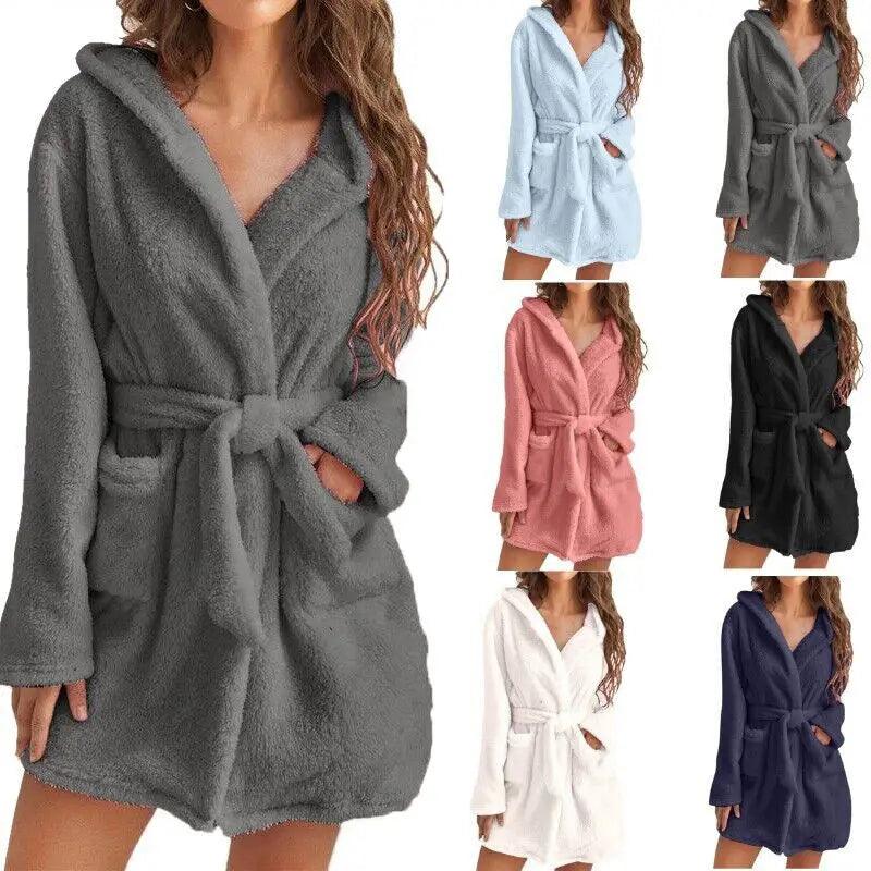 Hooded  Winter Fluffy Bath Robe - yourunderwear