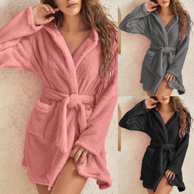 Hooded  Winter Fluffy Bath Robe - yourunderwear