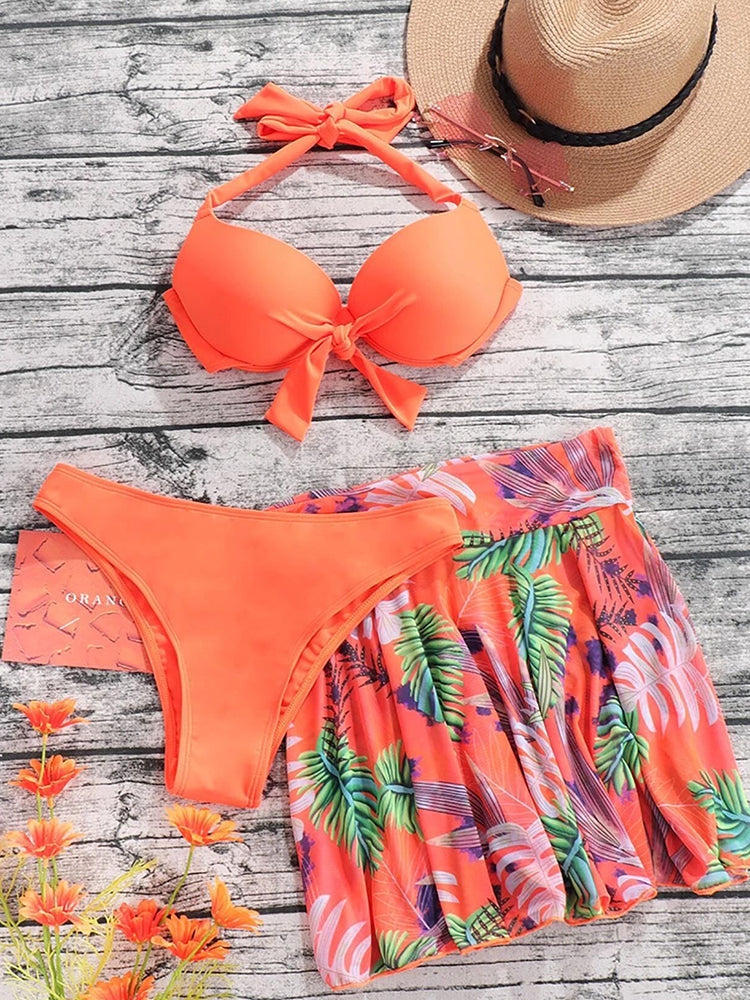 Tropical Print 3-Piece Bikini Set with Mesh Skirt