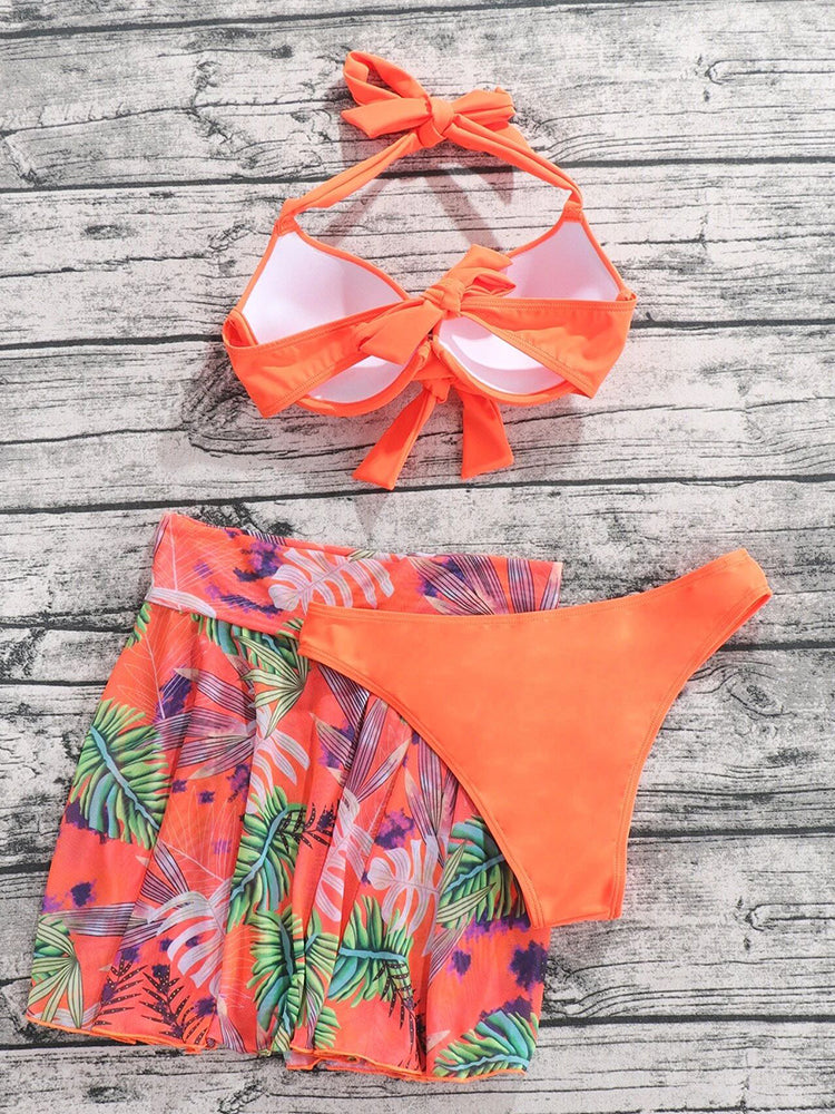 Tropical Print 3-Piece Bikini Set with Mesh Skirt
