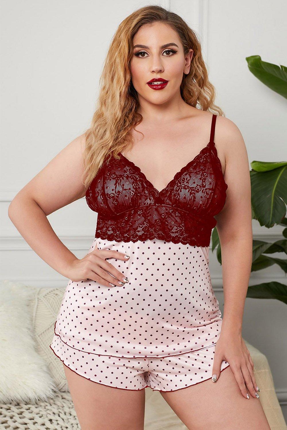 Lace Splicing Polka Dot Tank Plus Size Pajamas Set - yourunderwear