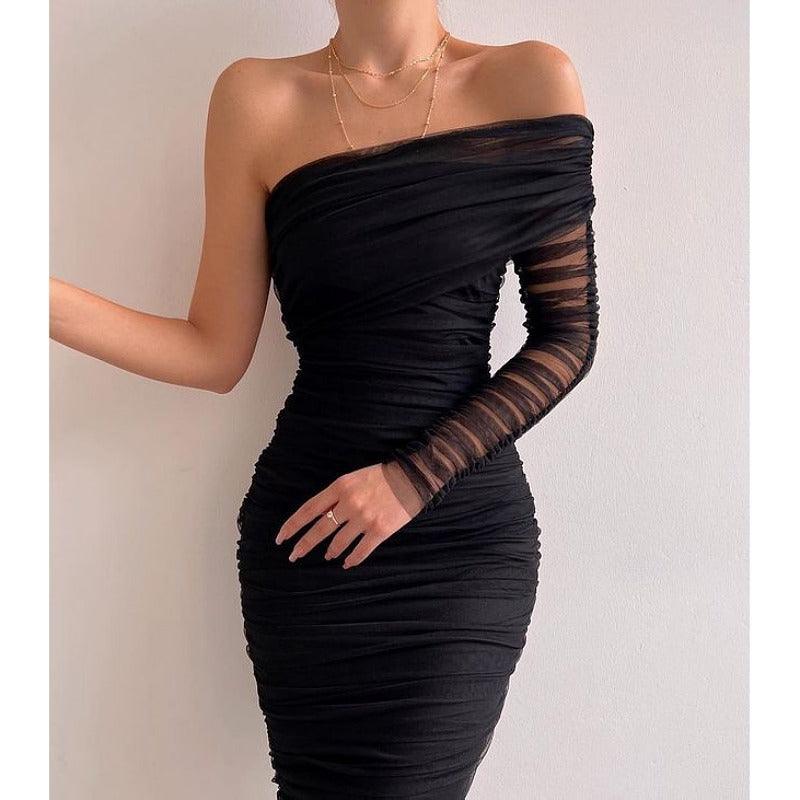 One-Shoulder Mesh Patchwork Backless Dress - yourunderwear