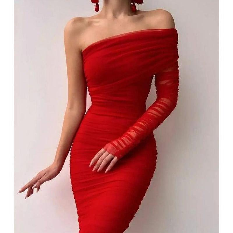 One-Shoulder Mesh Patchwork Backless Dress - yourunderwear