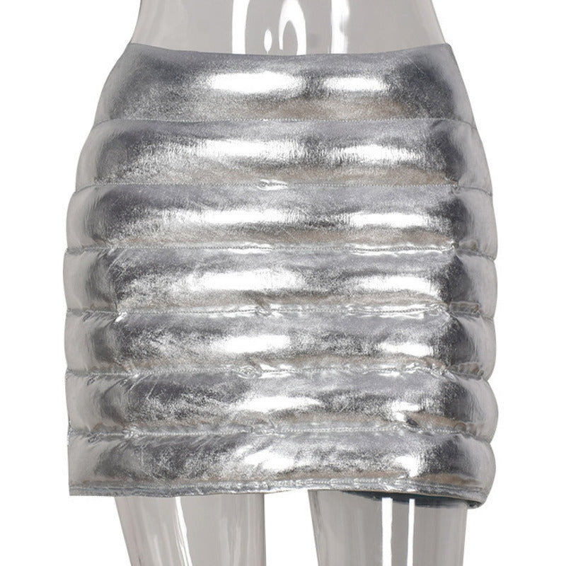 Silver Metallic Shiny Puffer Mini Skirt
