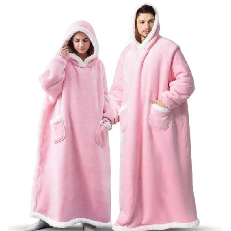 Super Long Flannel Blanket with Sleeves Winter Hoodies Nightgown Women