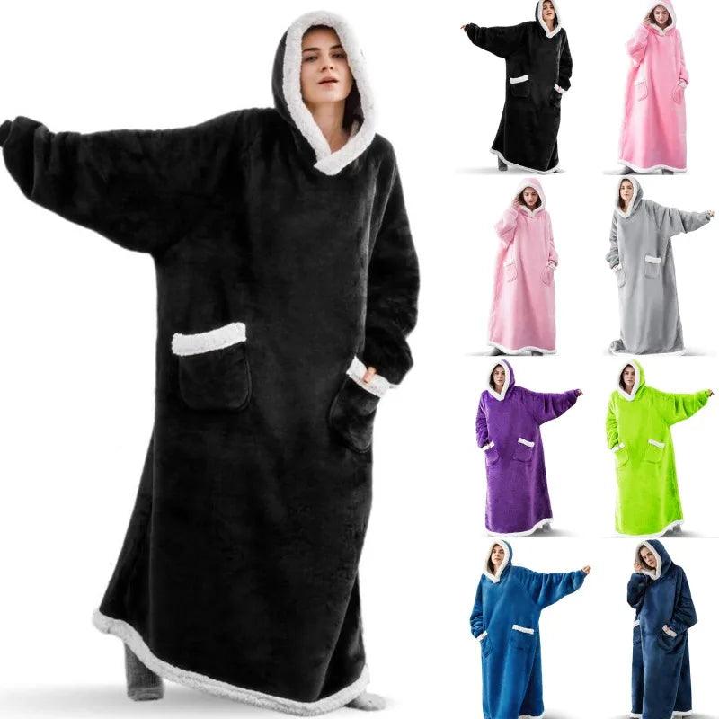 Super Long Flannel Blanket with Sleeves Winter Hoodies Nightgown Women