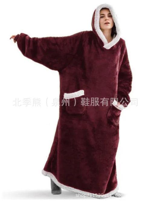 Super Long Flannel Blanket with Sleeves Winter Hoodies Nightgown Women