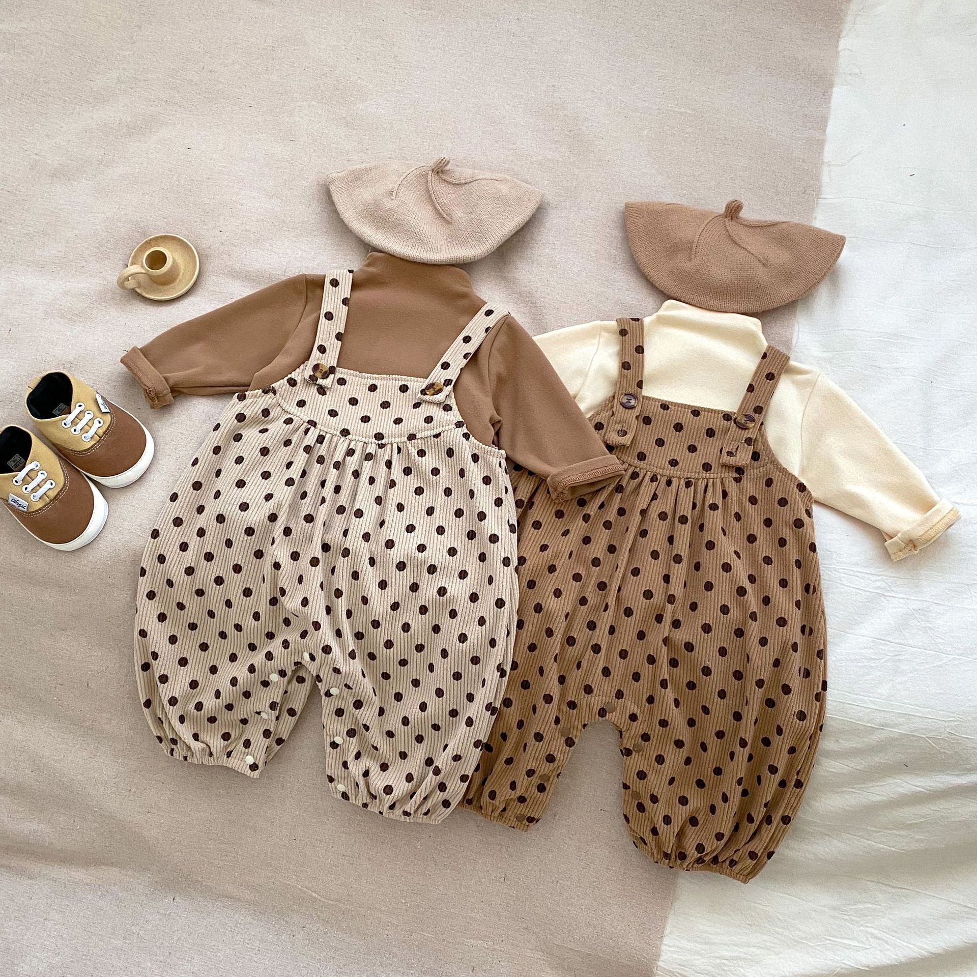 Polka Dot Overalls With Solid Color Shirts Sets
