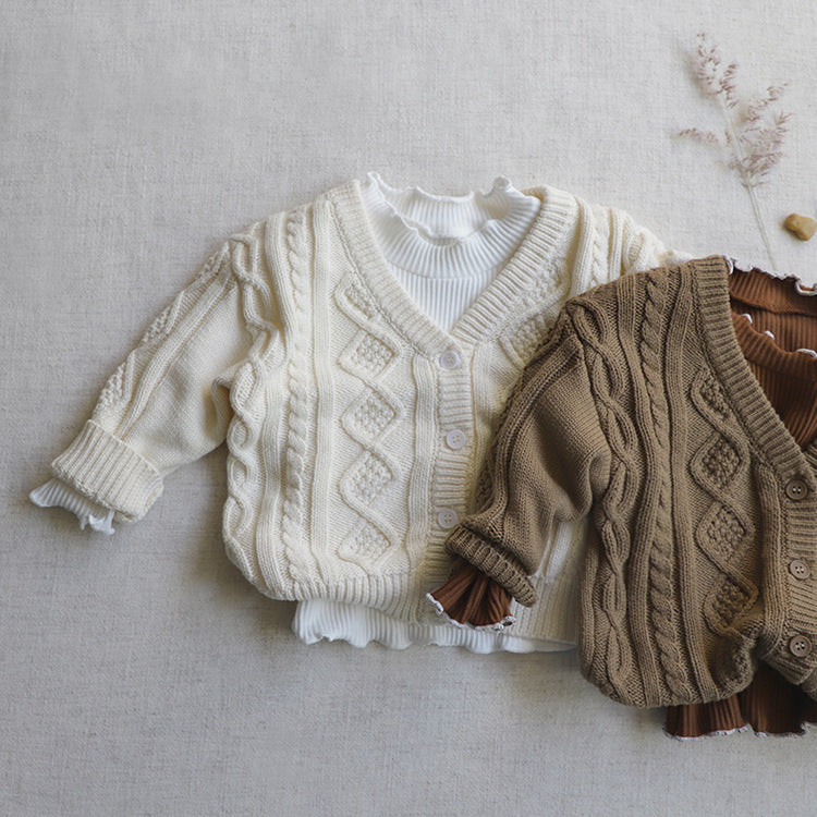 Baby Crochet Kint V-Neck Single Breasted Cardigan