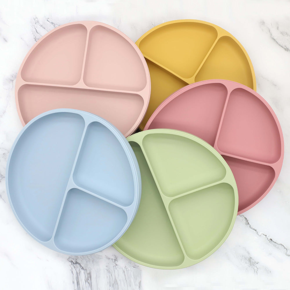 Baby Silicone Round Sucker Compartment Dinner Plate With Spoon Fork
