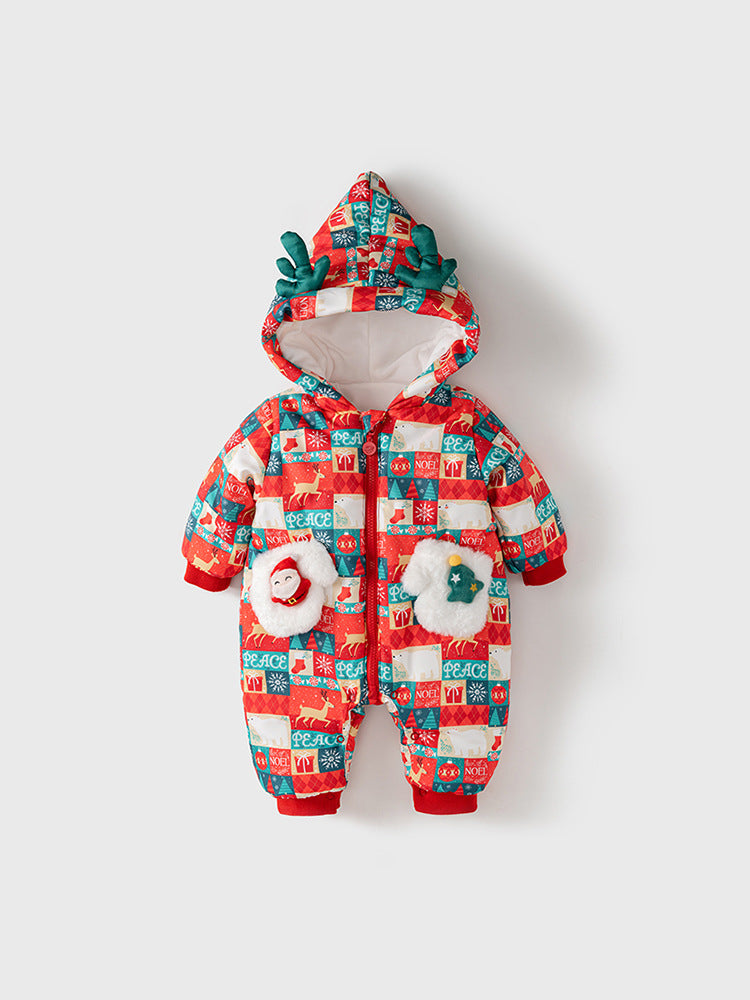 Baby Christmas Red Plaid Patchwork Thick Romper