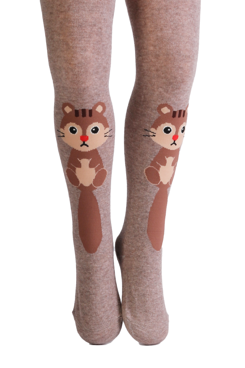 Brown Cotton Tights with Squirrel Pattern
